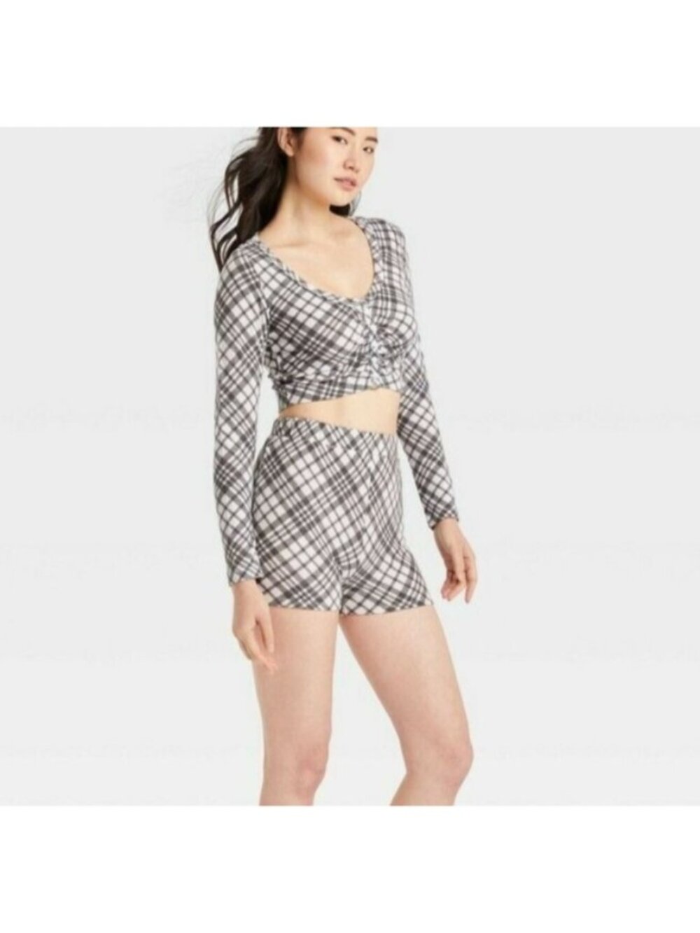 Colsie Womens Ultra Soft 2 Piece Pajama Set Top Shorts Hair M Gray Plaid
